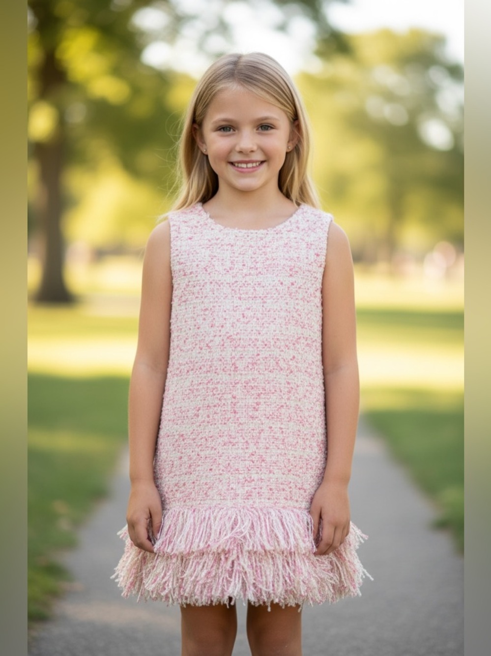 M.L. Kids Girls Pink Tweed Fringe Shift Dress Sz 10